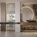 Modern Entryway Hall Interior Design With Marble Accent Wall Backlit Round Mirror And Wooden Console