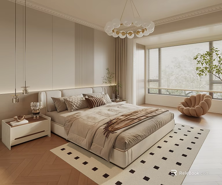 Modern Bedroom Interior Design With Bed Nightstand Chandelier Geometric Rug Potted Plants And Accent Chair 3d model 