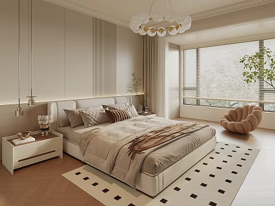 Modern Bedroom Interior Design With Bed Nightstand Chandelier Geometric Rug Potted Plants And Accent Chair 3d model