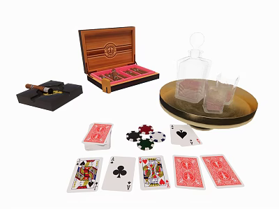 Luxury Leisure Items With Wooden Cigar Box Ashtray Whiskey Glasses And Playing Cards 3d model