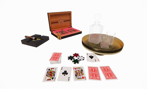 Modern Cigar Wine Playing Cards Furnishings Ashtray Gambling Set Red Wine Bottle Tray 3d model