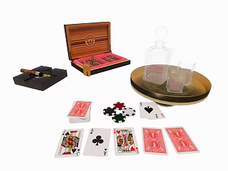Modern Cigar Wine Playing Cards Furnishings Ashtray Gambling Set Red Wine Bottle Tray 3d model