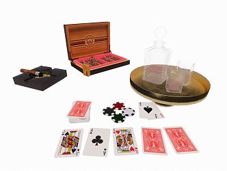 Modern Cigar Wine Playing Cards Furnishings Ashtray Gambling Set Red Wine Bottle Tray 3d model