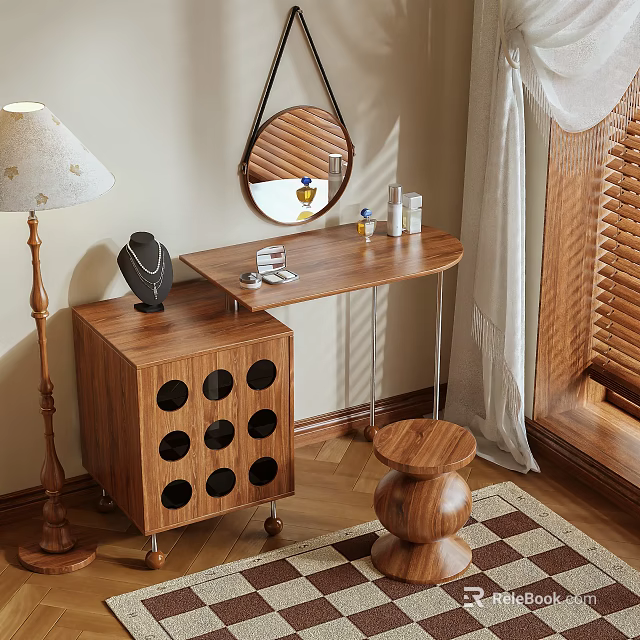 Cozy Wooden Dressing Table with Round Mirror Small Items Cabinet and Stool 3d model