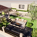 Garden Landscape With Lawn Trees Stone Paving And Outdoor Seating Area