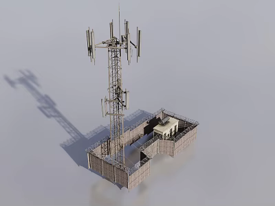 Industrial Telecommunication Tower With Multiple Antennas Base Building And Walls 3d model