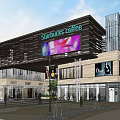 Modern Commercial Street With Green Lawn Trees Pedestrian Walkway And Square Shops
