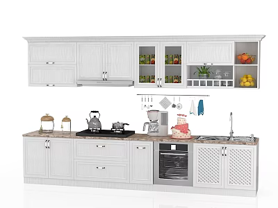 Modern White Kitchen Cabinets With Glass Doors Open Shelves And Countertop Appliances 3d model