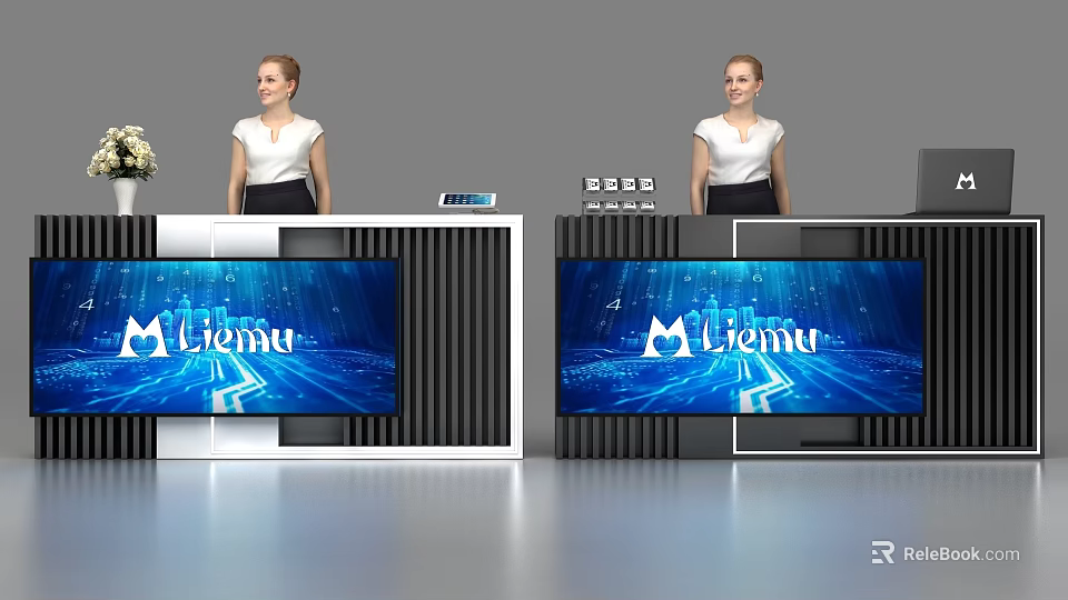 Dual Modern Reception Desks with Digital Screens Displaying Litema Logo Friendly Receptionists and Flower Decor 3d model 