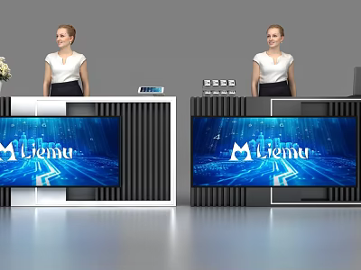 Dual Modern Reception Desks with Digital Screens Displaying Litema Logo Friendly Receptionists and Flower Decor 3d model