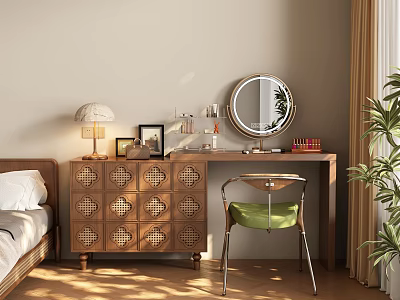 Modern Wooden Dresser With Wicker Drawers Round Mirror Table Lamp And Cosmetics 3d model