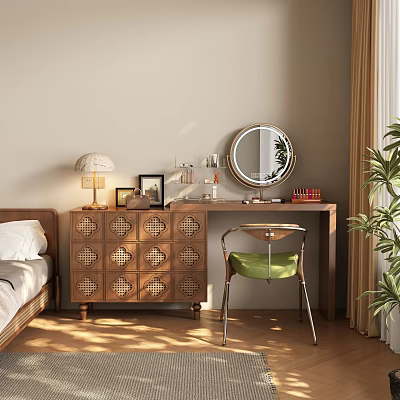 Modern Wooden Dresser With Wicker Drawers Round Mirror Table Lamp And Cosmetics 3d model