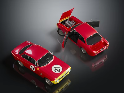 Red Race Car Models With Number 21 Open Hood And Doors Showcasing Interior 3d model