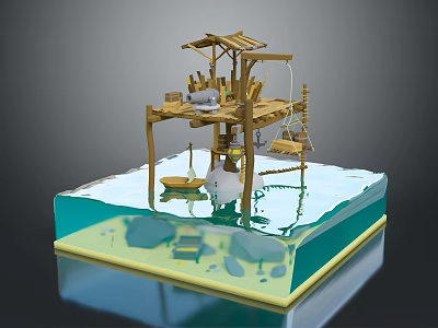 Scenic View Of Wooden Water Hut With Transparent Water And Stones At Bottom 3d model