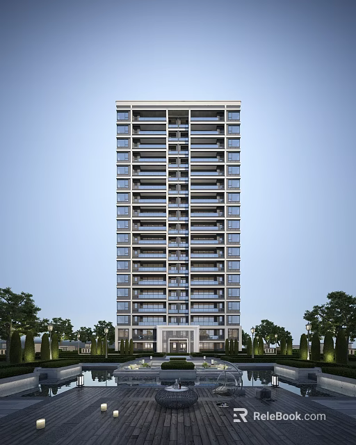 Modern High Rise Residential Building With Glass Curtain Walls And Green Trees Under Blue Sky 3d model