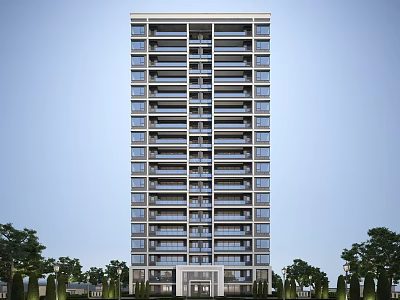 Modern High Rise Residential Building With Glass Curtain Walls And Green Trees Under Blue Sky 3d model