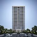 Modern High Rise Residential Building With Glass Curtain Walls And Green Trees Under Blue Sky