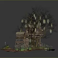 Detailed Miniature Treehouse Model With Small Cabin Moss Vines Branches And Base