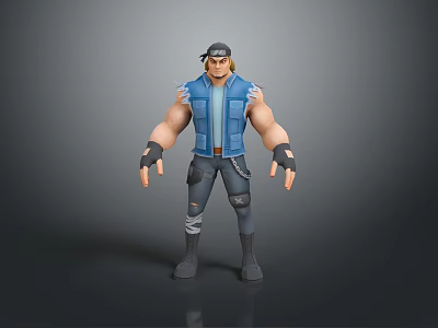 3D Muscular Male Character Standing In Blue Sleeveless Vest Cap Wrist Guards Distressed Jeans 3d model