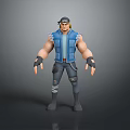 3D Muscular Male Character Standing In Blue Sleeveless Vest Cap Wrist Guards Distressed Jeans