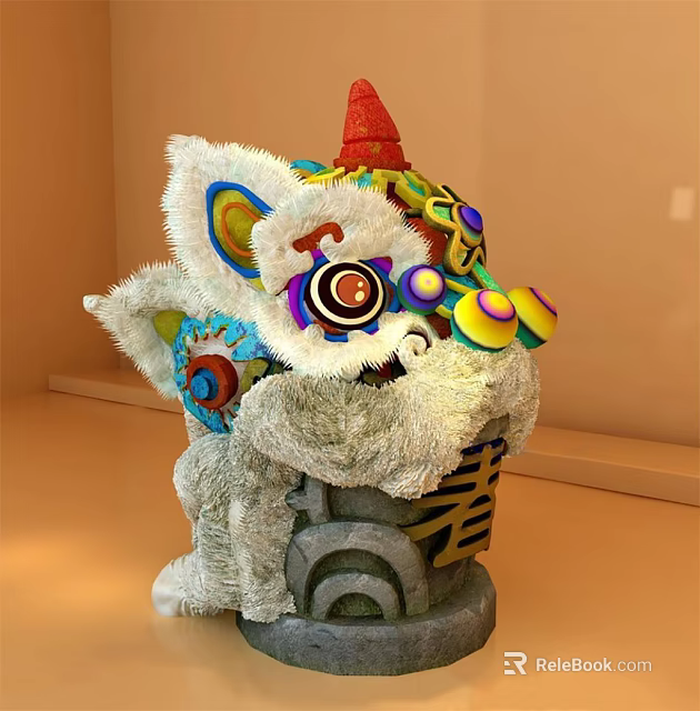 Plush Lion Dance Head Decorative Item with Colorful Traditional Elements Soft Texture Home Decor 3d model 
