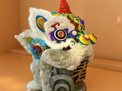 Plush Lion Dance Head Decorative Item with Colorful Traditional Elements Soft Texture Home Decor 3d model