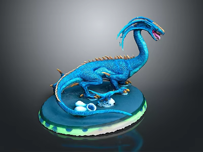Blue Dragon Sculpture With Glowing Base And Decorative Eggs On Display Stand 3d model