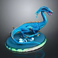 Blue Dragon Sculpture With Glowing Base And Decorative Eggs On Display Stand