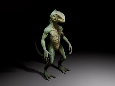 Green Humanoid Reptile Standing in Dark Background With Muscular Body Structure 3d model