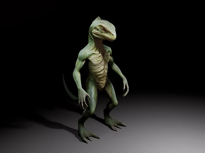 Green Humanoid Reptile Standing in Dark Background With Muscular Body Structure 3d model