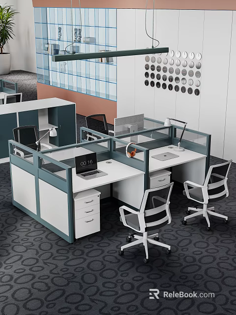 Modern Public Office Area With Office Cubicles Work Desks Desk Lamps And Ergonomic Chairs 3d model 
