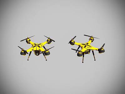 Yellow Quadcopter Drones With Propellers And Landing Gear On Gray Background 3d model