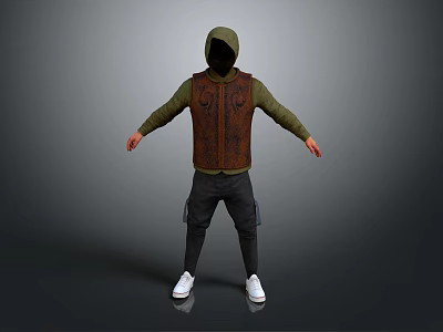 Stylish Casual Outfit With Green Hoodie Brown Vest Dark Pants And White Shoes 3d model