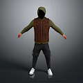 Stylish Casual Outfit With Green Hoodie Brown Vest Dark Pants And White Shoes 3d model