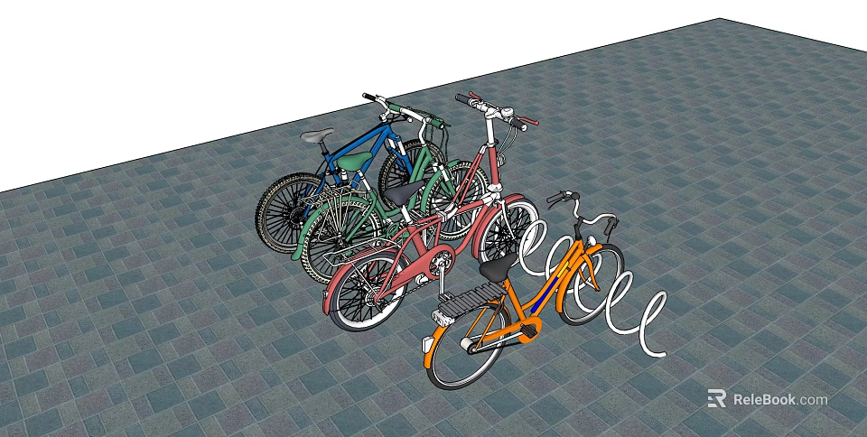 Colorful Bicycles Parked on Checkered Floor in Outdoor Bicycle Parking Area 3d model 