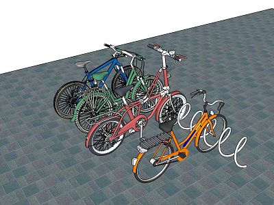 Colorful Bicycles Parked on Checkered Floor in Outdoor Bicycle Parking Area 3d model
