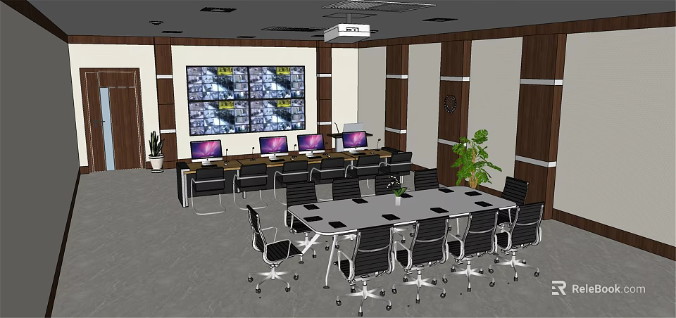 Modern Security Control Room Interior With Multiple Monitoring Screens Workstations And Conference Table 3d model 