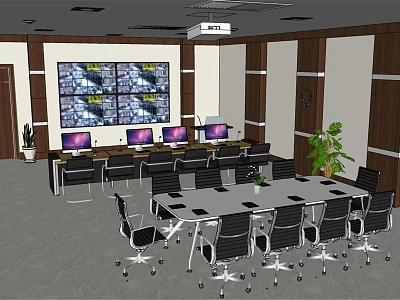 Modern Security Control Room Interior With Multiple Monitoring Screens Workstations And Conference Table 3d model