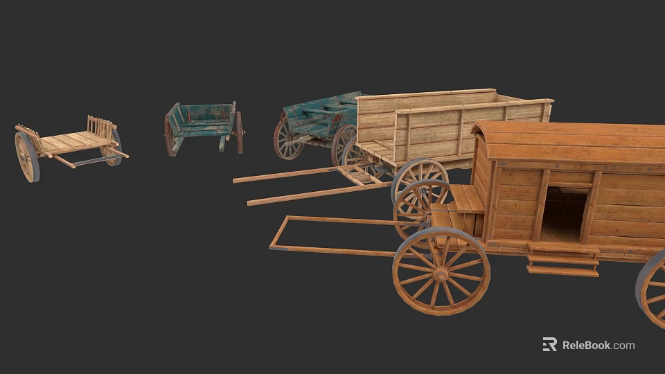 Collection of Vintage Wooden Carriages With Various Classic Wagon Styles 3d model 