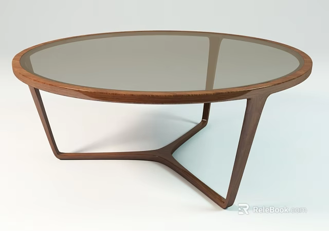Round Glass Top Coffee Table With Brown Wooden Frame And Geometric Legs 3d model 