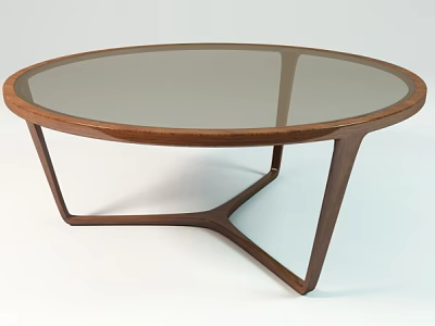 Round Glass Top Coffee Table With Brown Wooden Frame And Geometric Legs 3d model