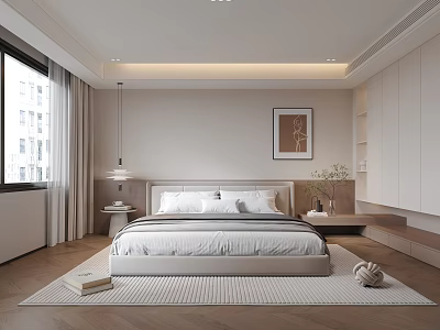 Modern Minimalist Bedroom Interior With Platform Bed Wall Art And Area Rug 3d model