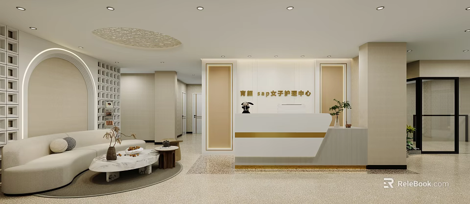 Elegant Modern Beauty Spa Interior With Reception Desk Cozy Seating And Plants 3d model 