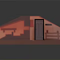 Cartoon Style Attic Room With Red Toned Wooden Table Candles Books And Computer Chair
