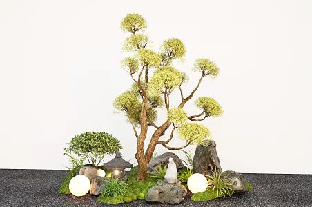 New Chinese Style Courtyard Sits Multi-head Shape Arbor Landscape Lamp Stone Plant Green Plant 3d model