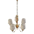 Tech Exhibition Hall Interior With Chandelier Featuring Five White Shades Gold Metal Frame And Chain