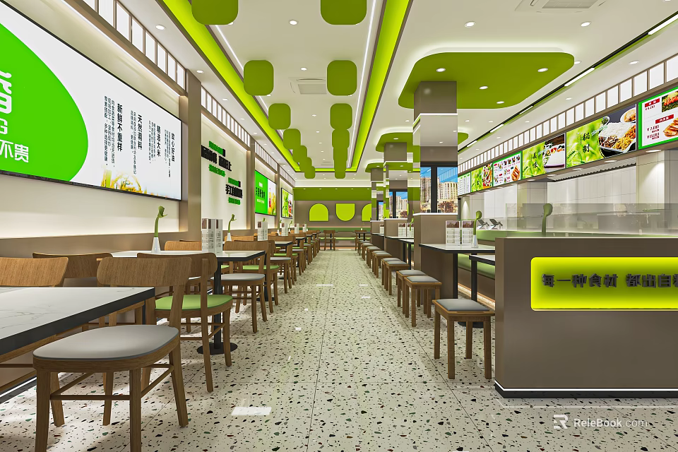 Modern Bright Restaurant With Green Ceiling Decor Open Layout Wooden Tables Menu Screens Order Counter 3d model 