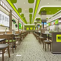 Modern Bright Restaurant With Green Ceiling Decor Open Layout Wooden Tables Menu Screens Order Counter