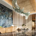 Elegant Modern Hotel Lobby Interior Design With Chandelier Wooden Wall And Marble Floor
