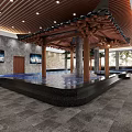 Traditional SPA Sauna Interior With Large Tree Stone Wall Wooden Ceiling And Water Pool